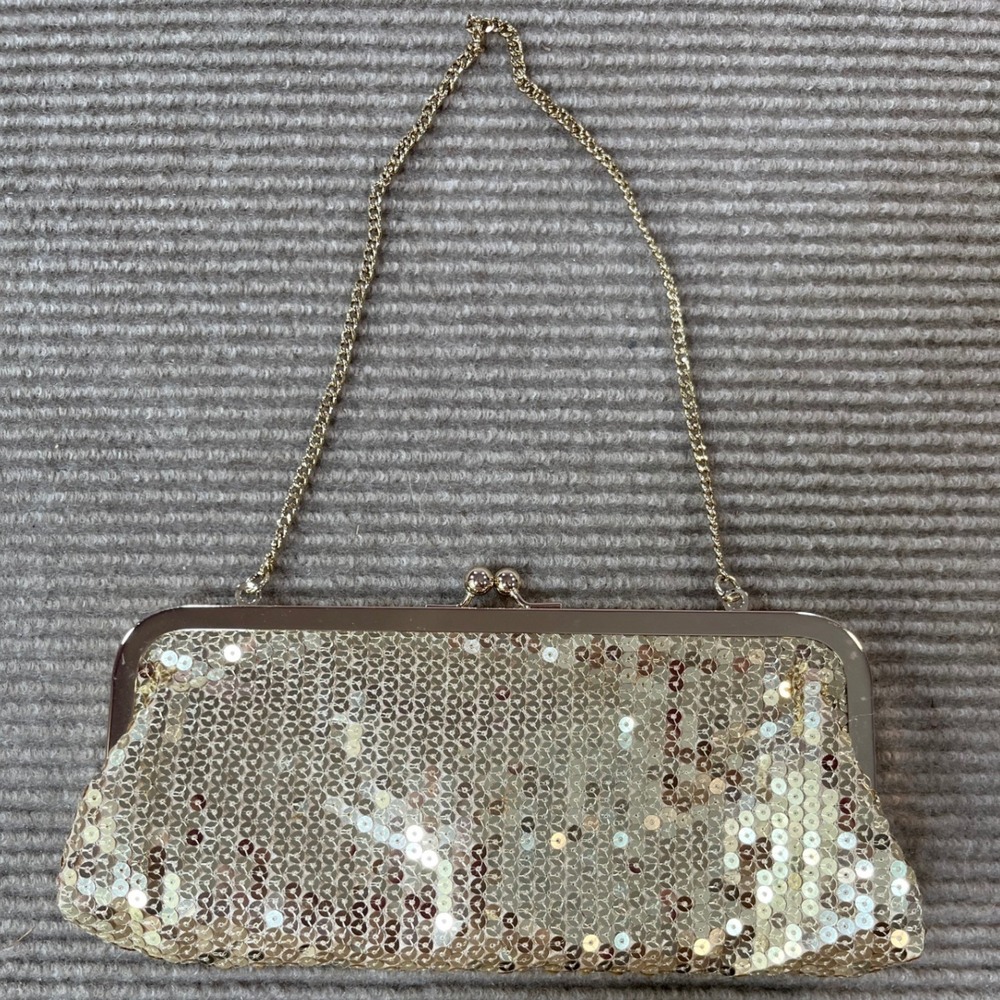 Ann Taylor Loft Gold Sequin Evening Clutch Bag Kiss Lock Chain Strap Glam Formal